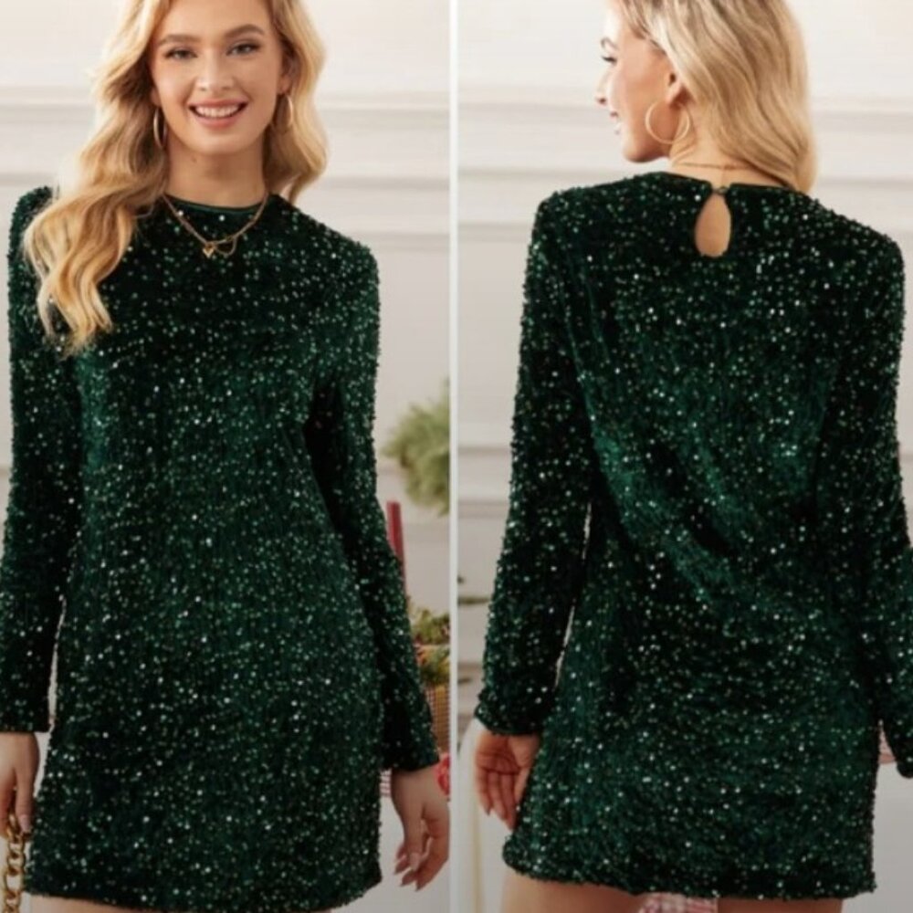 Cupshe Green Sequin Embellished Long Sleeve Mini Dress